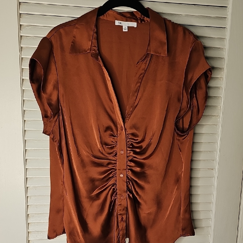 Express Brown Puff Sleeve Blouse with Notched Collar